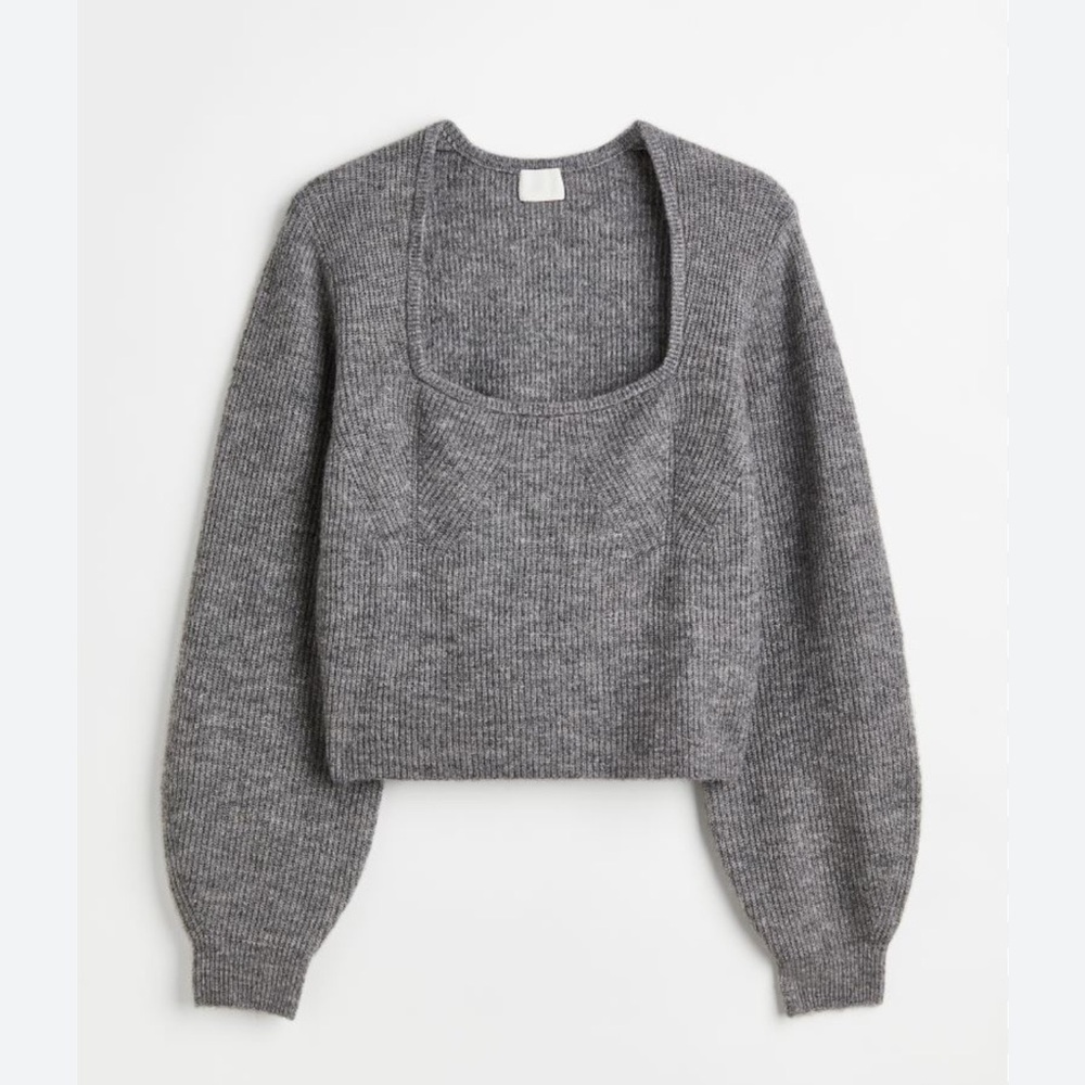 H&M Gray Rib-Knit Sweater Square Neckline Long Wide Sleeves With Ribbed Cuffs
